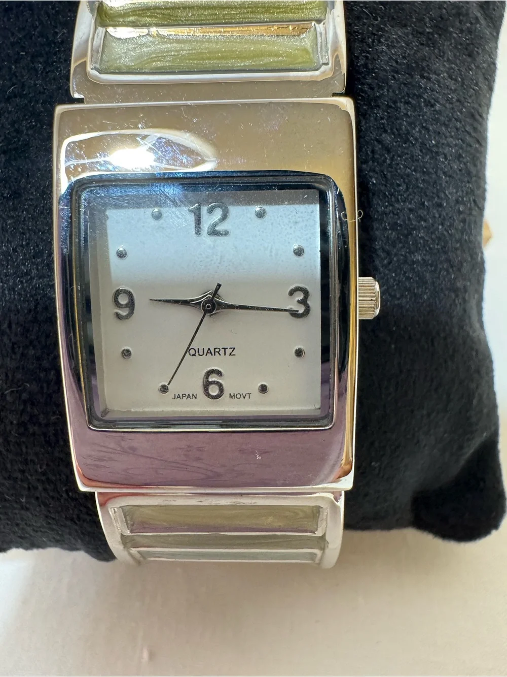 Avon Silver Tone Rectangular Face Watch with Green Accent Links